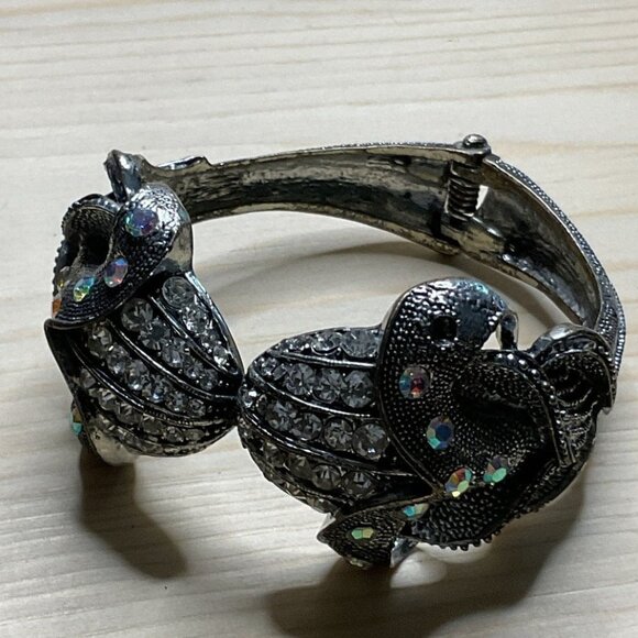 Exotic Tulip Lily Unique Statement Silver Tone Rhinestone Hinged Bangle Bracelet - Picture 5 of 8